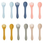 2pcs Baby Silicone Spoon Fork Candy Color Safety Baby Learning Spoon Non-Slip Fork Children Kids Boy Girl Soft Food Feeding Tool