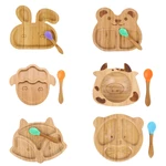 Baby Natural Bamboo Bowl Spoon Set Cartoon Animal Divided Dinner Plate Infants Learning Feeding Dish