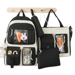 Kawaii Backpack Set 4 Pcs Canvas School Backpack Combo Set Shoulder Bag Pencil Bag Waist Bag Set With Cute Pins And Pendants For