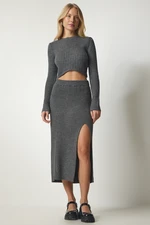 Happiness İstanbul Women's Dark Gray Corduroy Crop Skirt Sweater Suit