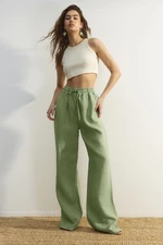 Trendyol Green 100% Linen High Waist Wide Leg Pants with Elastic Waist.