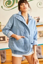 Olalook Women's Blue Pocket Denim Jacket with Zipper and Snap Snap