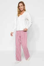 Trendyol White Striped Fleece Tshirt-Pants Knitted Pajama Set