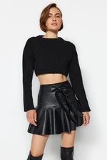 Trendyol Black Faux Leather Skirt with Frill Tie Tie Detail Mini Woven Skirt