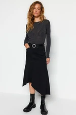 Trendyol Black Asymmetrical High Waist Midi Denim Skirt