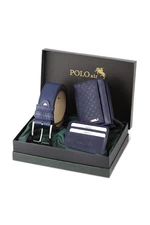 Polo Air Navy Blue Checkerboard Pattern Boxed Men's Wallet Belt Card Holder Set