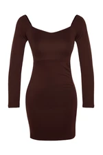 Trendyol Ottoman Brown Shirring Detailed Fitted Mini, Stretchy Knit Dress with Slit