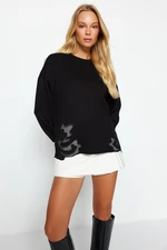 Trendyol Black Crew Neck Basic Thin, Appliqued Detailed Knitted Sweatshirt
