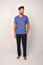 Men's Pyjamas Dallas, Short Sleeves, Long Pants - Blue/Navy Blue