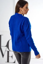 Sweater draped over the head with a fashionable cornflower blue weave