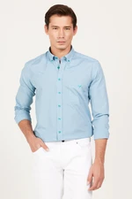 AC&Co / Altınyıldız Classics Men's Navy Blue-Green Slim Fit Slim Fit Button Collar Logo Pocket Cotton Striped Shirt