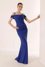 By Saygı Rope Straps Low Sleeves Underwire Long Chiffon Dress With Draped Front and Lined Saks.