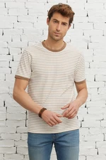 AC&Co / Altınyıldız Classics Men's Beige-white Slim Fit Slim Fit Crew Neck 100% Cotton Striped Short Sleeved T-Shirt.