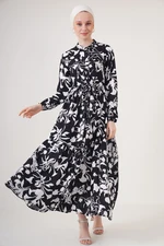 Bigdart 2144 Black Patterned Big Collar Hijab Dress