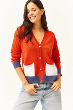 Olalook Women's Orange Color Pocket and Cuff Cotton Premium Cardigan