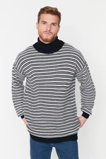 Trendyol Navy Blue Men's Oversize Fit Turtleneck Striped Knitwear Sweater