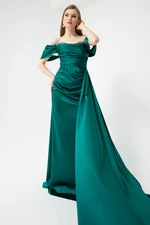 Lafaba Women's Emerald Green Boat Collar Long Satin Evening Dress with a Slit
