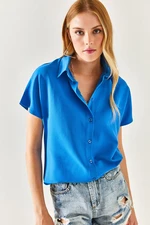 Olalook Women's Sax-Blue Bat Oversized Linen Shirt