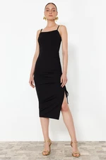 Trendyol Black Body-Fitting Knitted Stylish Evening Dress with Drap