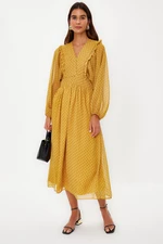 Trendyol Mustard Minimal Patterned Chiffon Lined Woven Dress