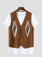 Mens Ethnic Suede Embroidered V Neck Casual Waistcoats
