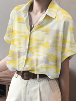Tie Dye Button Front Roll Sleeve Lapel Loose Shirt