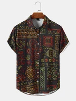 Mens Abstract Tribal Print Short Sleeve Front Buttons All Matched Shirts