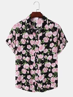 Men Allover Rose Print Soft Comfy Breathable Curved Hem Romantic Shirts