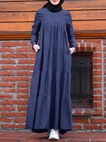 Women Casual Layered Pleats Denim Loose Muslim Maxi Dress with Pockets