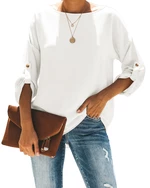 Women Round Neck Adjustable Long Sleeves Casual Solid Loose Blouse