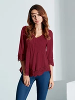 Casual Women V-Neck Pleated Lace Patchwork Three Quarter Sleeve Blouse