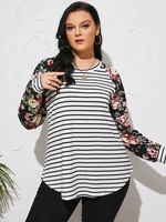 Plus Size Round Neck Striped Floral Print Patchwork Tee