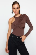 Trendyol Brown Shirred Detailed Single Sleeve Bodysuit