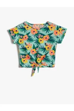 Koton Short-Sleeved Floral T-Shirt with Tie Waist