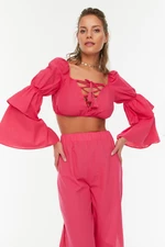 Trendyol Pink Long Sleeve Tie Detail Beach Blouse