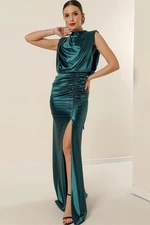 By Saygı Decollete Lined Pleated Long Satin Dress Emerald