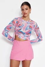 Trendyol Multicolored Printed Shirring Detailed Crew Neck Basic Crop Stretchy Tulle Knitted Blouse