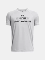 Svetlosivé chlapčenské tričko Under Armour UA Tech Split Wordmark SS
