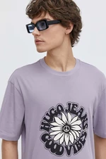 Bavlnené tričko Hugo Blue pánsky,fialová farba,s potlačou,50515317
