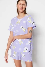 Trendyol Lilac 100% Cotton Heart Rabbit Pattern T-shirt-Shorts Knitted Pajamas Set