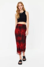 Trendyol Red Printed Wrinkled Look Elastic Waist Lined Tulle Maxi Stretch Knitted Skirt