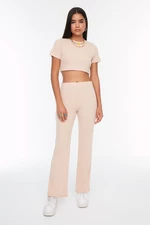 Trendyol Beige Crop Crew Neck Ribbed Flexible Knitted Top and Bottom Set