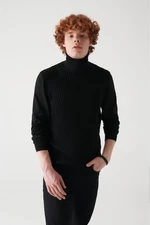 Avva Men's Black Full Turtleneck Front Textured Cotton Standard Fit Regular Cut Knitwear Sweater