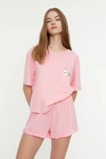 Trendyol Pink Cotton Printed T-shirt-Shorts Knitted Pajamas Set