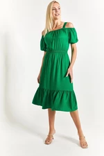 armonika Women's Dark Green Strapless Dress with Elastic Waist