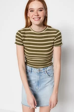 Trendyol Khaki Stripe Baby Overlock Detailed Fitted Crop Knitted Blouse