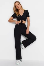 Trendyol Black Gathered Detailed Crepe Undershirt-Trousers Knitted Pajamas Set