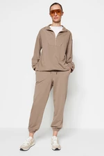 Trendyol Mink Zipper Stand-Up Collar Hem with Smocking, Knitted Tracksuit Set