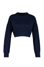 Trendyol Granatowy Super Crop Sweter Z Dzianiny Z Okrągłym Dekoltem