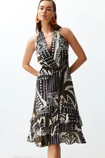 Trendyol Tropical Pattern Belt Maxi Woven Ruffled 100% Cotton Beach Dress
